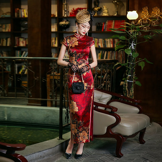 Red Silk Qipao with Short-Sleeve, SQ003