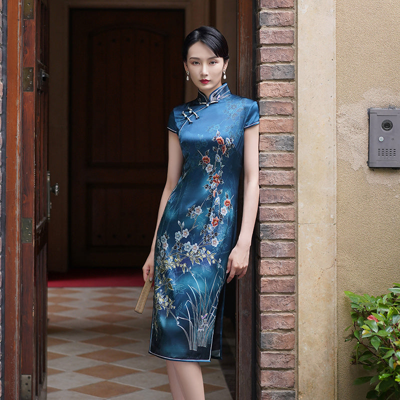 Blue Silk Qipao Dress, SQ007