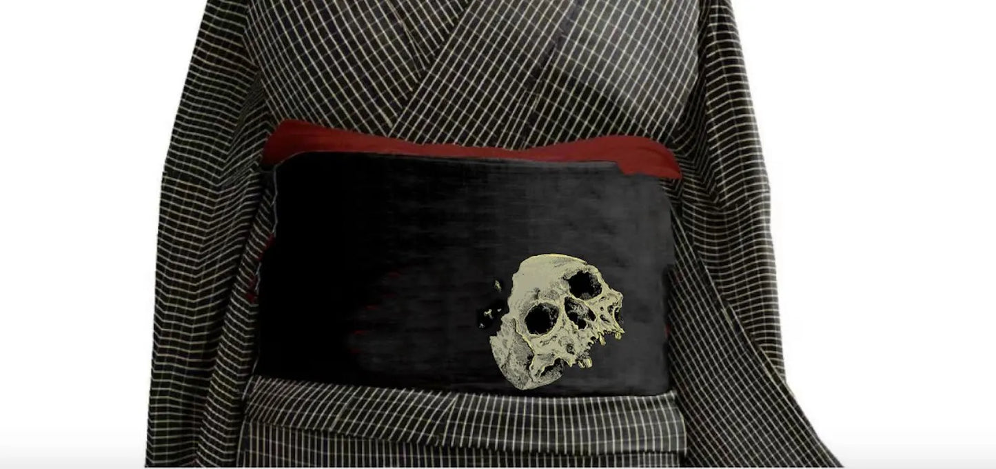 Skull Pattern Double Sided Hanhaba Obi Belt, Yukata Obi