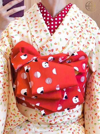 Red Polka Dot Cat Hanhaba Belt, Red Half-Width Obi for Yukata