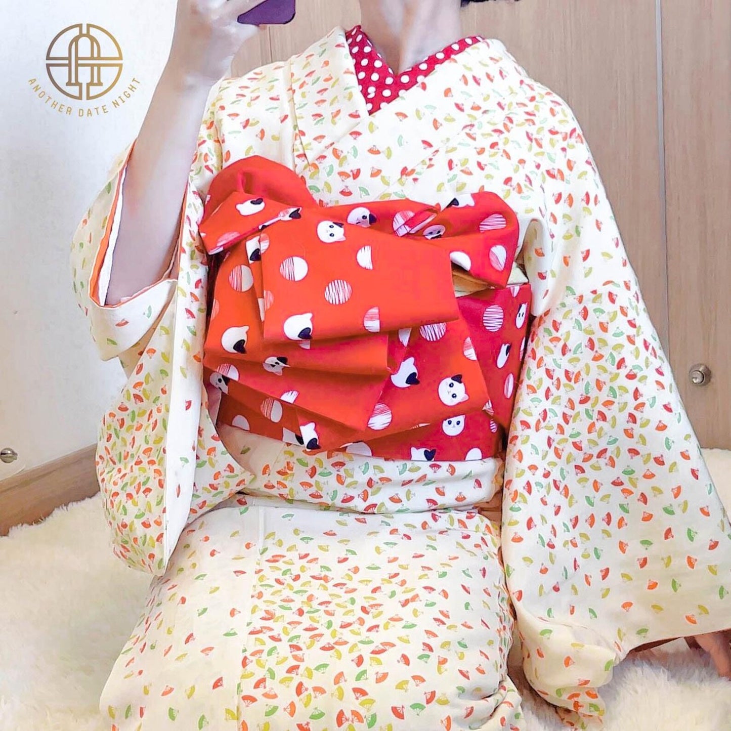 Red Polka Dot Cat Hanhaba Belt, Red Half-Width Obi for Yukata