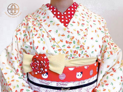 Red Polka Dot Cat Hanhaba Belt, Red Half-Width Obi for Yukata