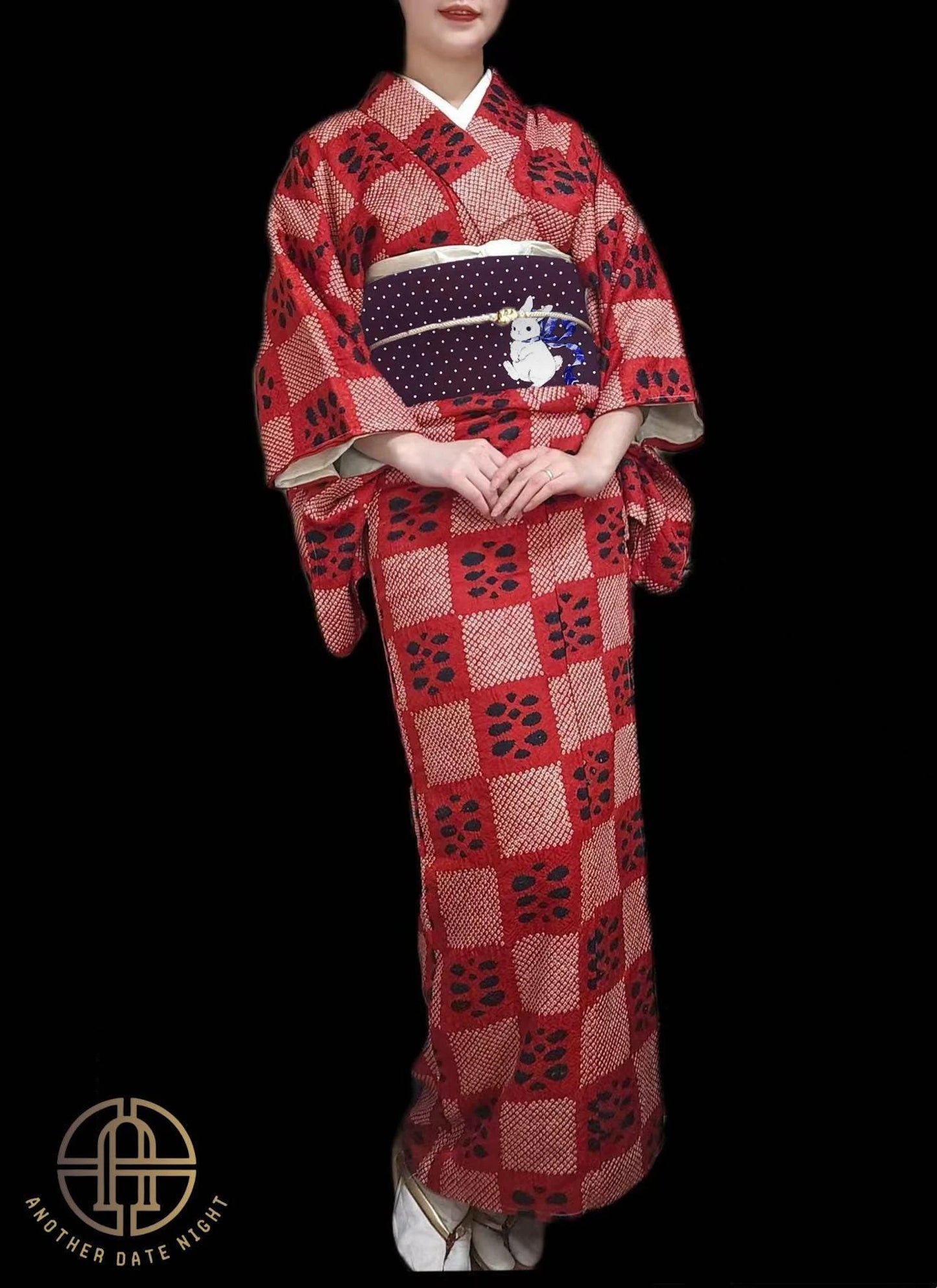 Camellia Rabbit Hanhaba & Polka Dots Double Sided Obi Belt for Yukata (Purple and Wine Red))