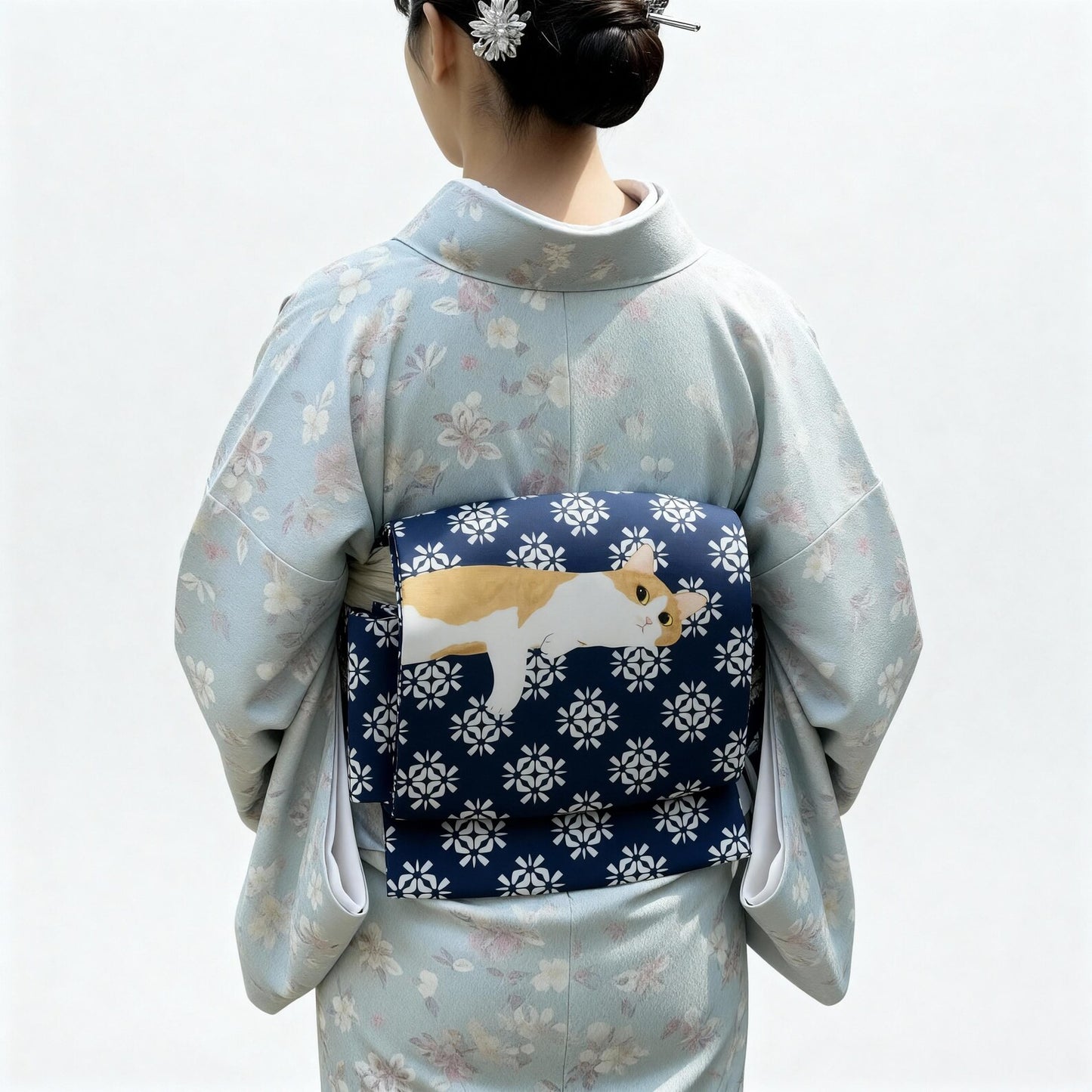 Cute Cat Nagoya Obi, Pre-Tied Tsuke Obi, Wear in 5 Mins, No Tie Needed,Taiko Drum Knot, Kimono Belt