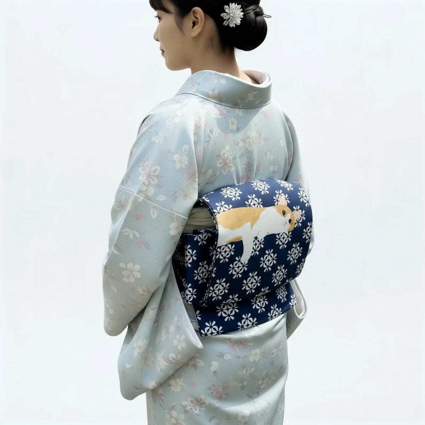 Cute Cat Nagoya Obi, Pre-Tied Tsuke Obi, Wear in 5 Mins, No Tie Needed,Taiko Drum Knot, Kimono Belt