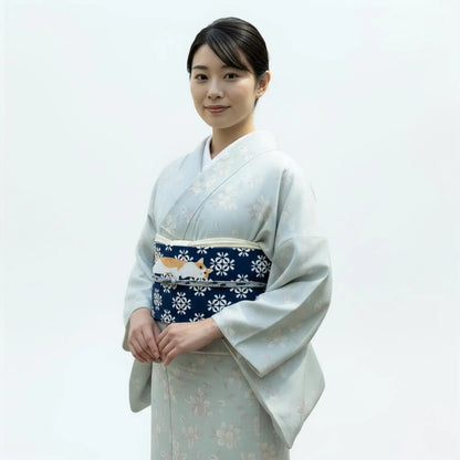 Cute Cat Nagoya Obi, Pre-Tied Tsuke Obi, Wear in 5 Mins, No Tie Needed,Taiko Drum Knot, Kimono Belt