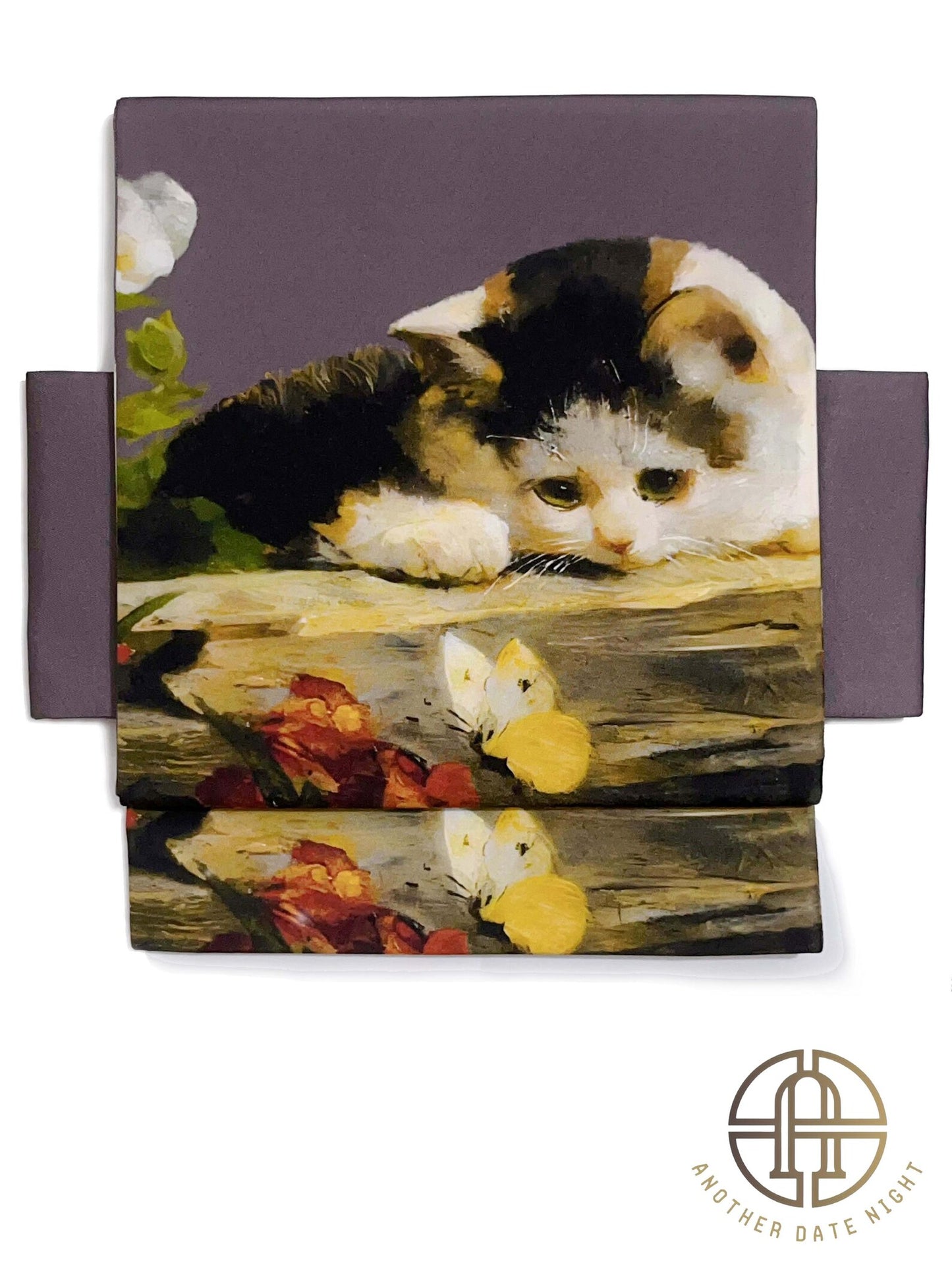 Pre-Tied Obi Belt with Cute Oil Painting Cat, Purple Obi Belt, Easy-to-Wear Nagoya Obi, Double-layer Taiko Knot