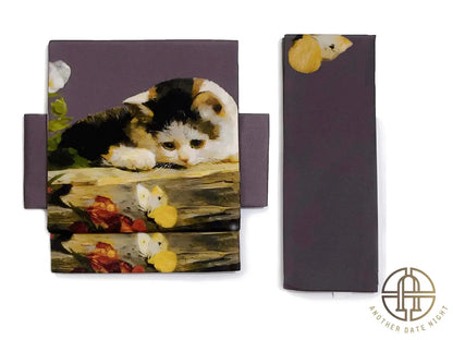 Pre-Tied Obi Belt with Cute Oil Painting Cat, Purple Obi Belt, Easy-to-Wear Nagoya Obi, Double-layer Taiko Knot