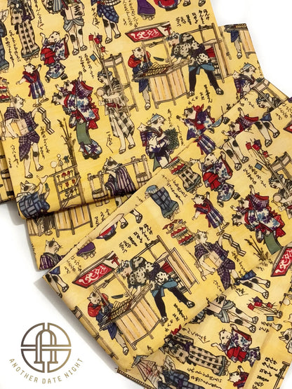 Ukiyo-e Cat Kimono Belt: Pre-Tied Nagoya Obi, Easy-Wear Taiko Drum Knot