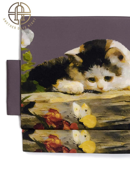 Pre-Tied Obi Belt with Cute Oil Painting Cat, Purple Obi Belt, Easy-to-Wear Nagoya Obi, Double-layer Taiko Knot