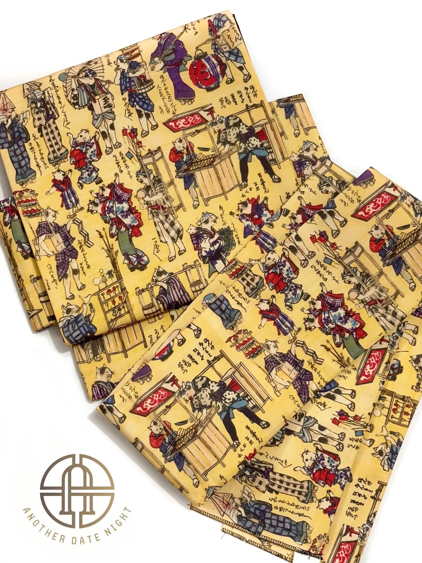 Ukiyo-e Cat Kimono Belt: Pre-Tied Nagoya Obi, Easy-Wear Taiko Drum Knot