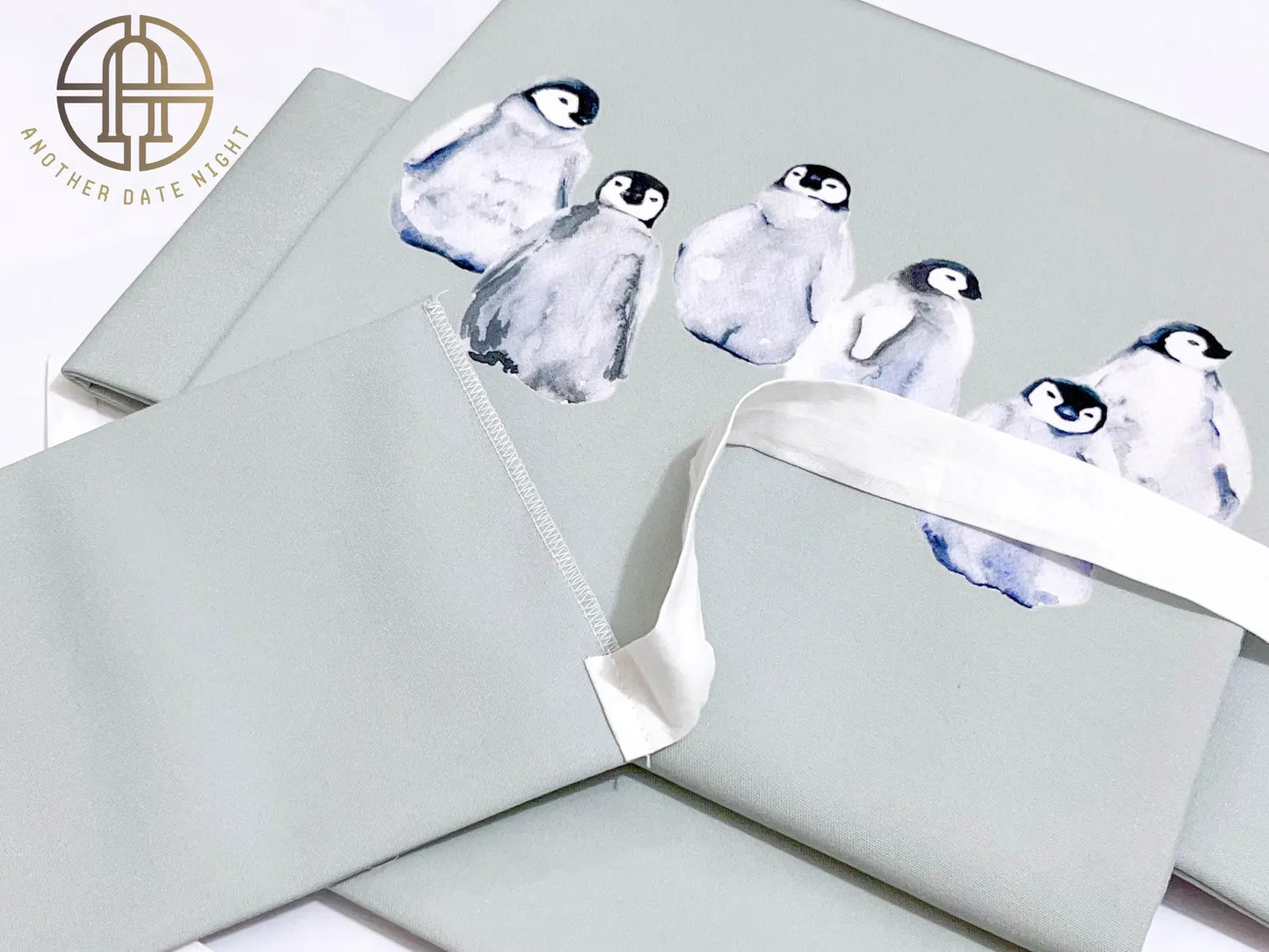 Gray-Green Obi with Cute Penguin Pattern, Pastel Green, Soft Green Easy Wear Obi, Ideal Tea Ceremony Sash