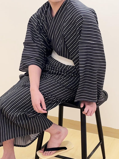 Men's Black Striped Cotton Yukata,  3PCS/5PCS Set, Custom Fit Available