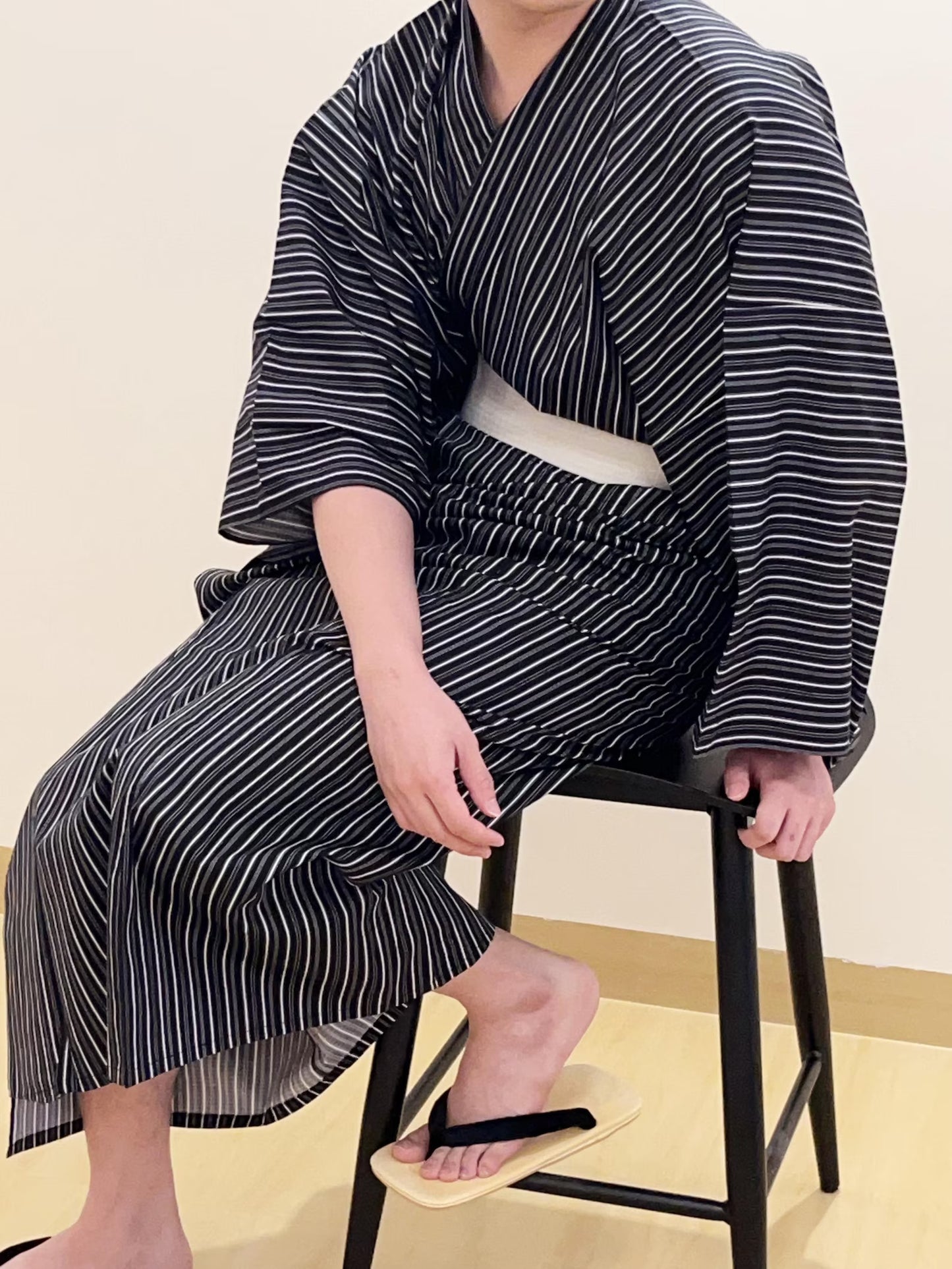 Men's Black Striped Cotton Yukata,  3PCS/5PCS Set, Custom Fit Available