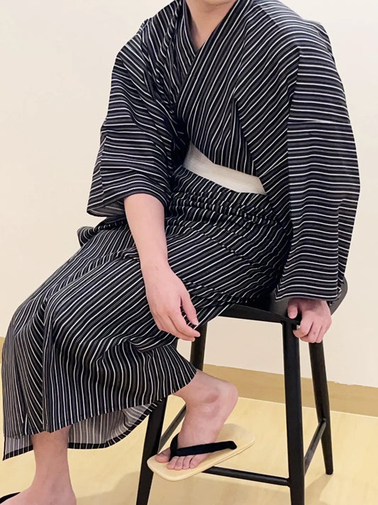 Men's Black Striped Cotton Yukata Set with Custom Fit Options