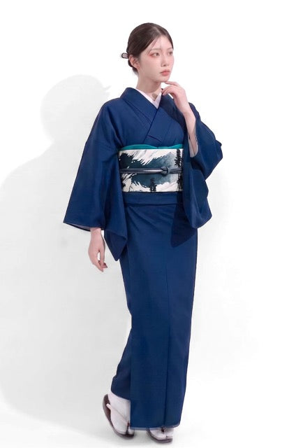 Navy Blue Washable Iromuji Kimono Set with Pre-Tied Obi