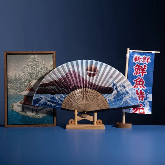 Fuji mountain Japanese folding Hand Fan with Folding Stand