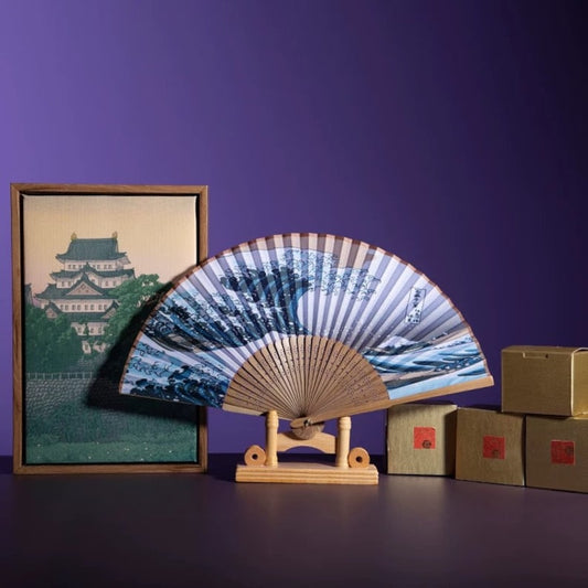The Great Wave off Kanagawa Japanese folding Hand Fan with Folding Stand