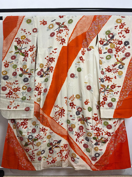 Rank A+ Vintage kimono, Organge floral and leaves, A107