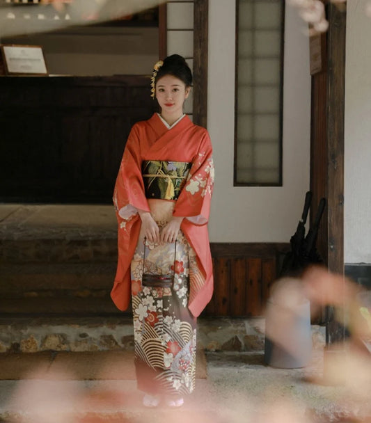Red Furisode Kimono, Easy Wear Kimono, KM010