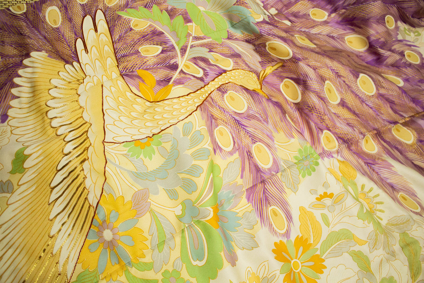 Vintage Silk Furisode Kimono: Peacock Pattern, Formal Kimono, Rank A- (A106)