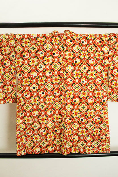 Vintage Japanese Silk Haori Jacket: Floral Print, Rank A+ (HA23)