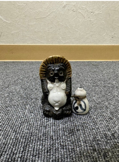 Vintage Shigaraki Yaki Tanuki Statue Set: Japanese Raccoon Dog Ornament (S03)