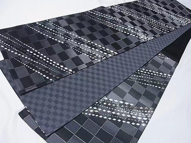 Japanese Vintage Obi Belt: Gradient Black Gray Kimono Sash