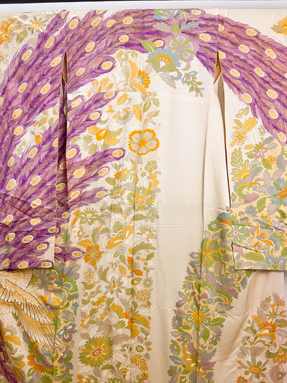 Vintage Silk Furisode Kimono: Peacock Pattern, Formal Kimono, Rank A- (A106)