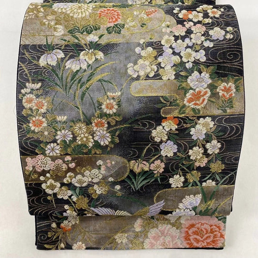 Floral Silk Fukuro Obi: Japanese Vintage Kimono Belt (Rank A)