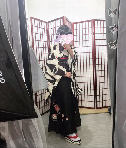 Women's Kofurisode & Hakama Skirt 5PCS Set, Women Graduation Kimono with Kimono Juban, Haneri, and Hanhaba obi