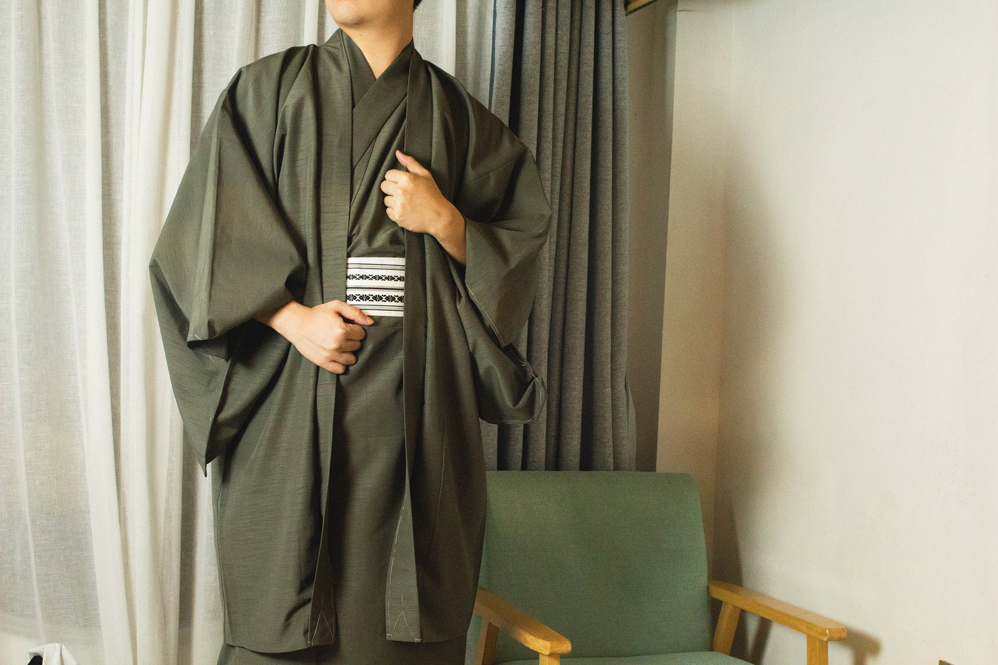 Men's Kimono 3PCS Set: Nagagi, Obi & Haori Jacket - Custom Kamon