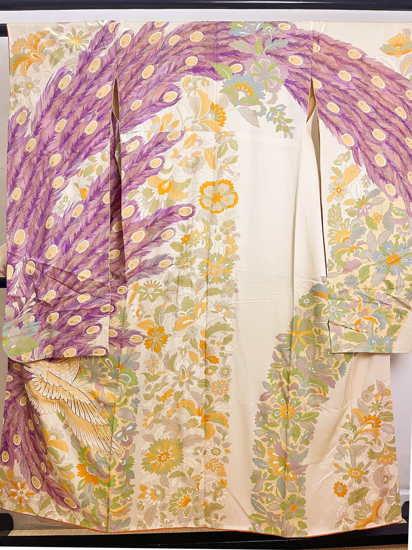 Vintage Silk Furisode Kimono: Peacock Pattern, Formal Kimono, Rank A- (A106)