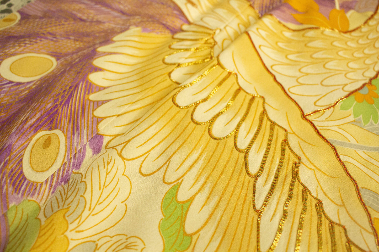 Vintage Silk Furisode Kimono: Peacock Pattern, Formal Kimono, Rank A- (A106)