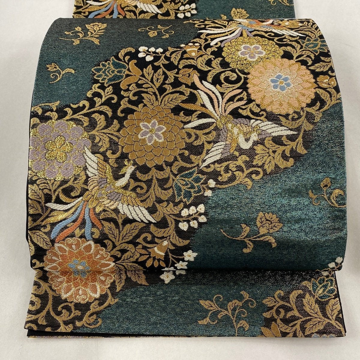 Vintage Silk Fukuro Obi Belt: Japanese Kimono, Phoenix & Karagusa (Rank A)