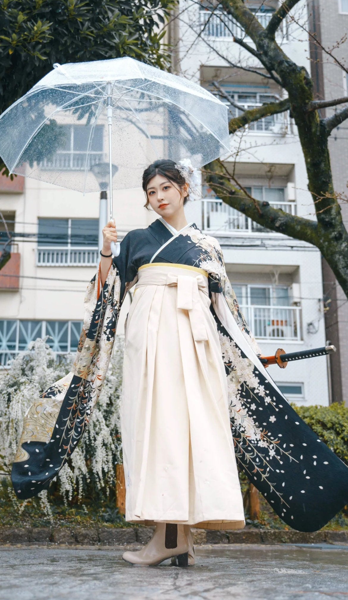 Beige Women's Hakama with Embroidery