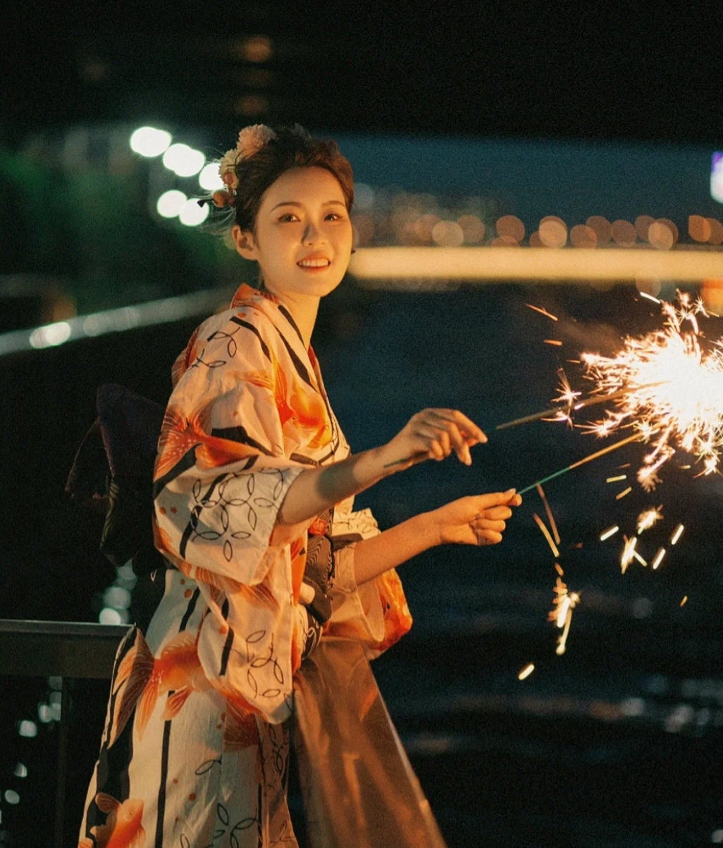 Japanese Goldfish Yukata with Tsuke Obi (Optional), Women Yukata Kimono, Traditional Yukata