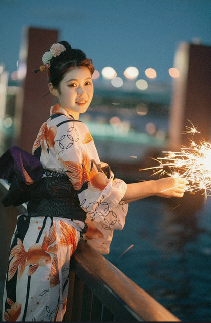 Japanese Goldfish Yukata with Tsuke Obi (Optional), Women Yukata Kimono, Traditional Yukata