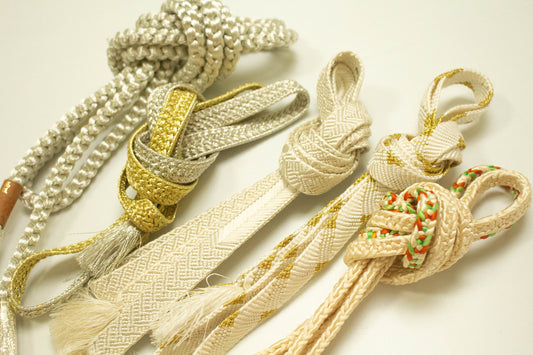 Vintage Japanese Kimono Obijime Cord: White, Beige & Silver Belt (Set Z3)