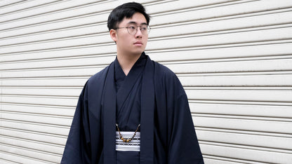 Men's Kimono 3PCS Set: Nagagi, Obi & Haori Jacket - Custom Kamon (Family Crest)