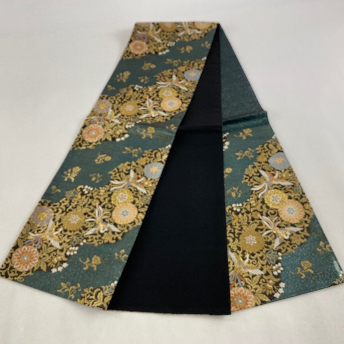 Vintage Silk Fukuro Obi Belt: Japanese Kimono, Phoenix & Karagusa (Rank A)