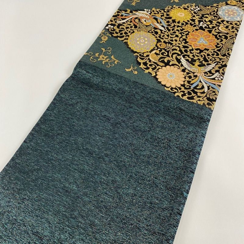 Vintage Silk Fukuro Obi Belt: Japanese Kimono, Phoenix & Karagusa (Rank A)