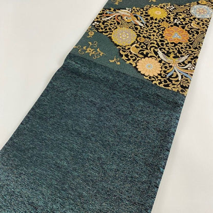 Vintage Silk Fukuro Obi Belt: Japanese Kimono, Phoenix & Karagusa (Rank A)