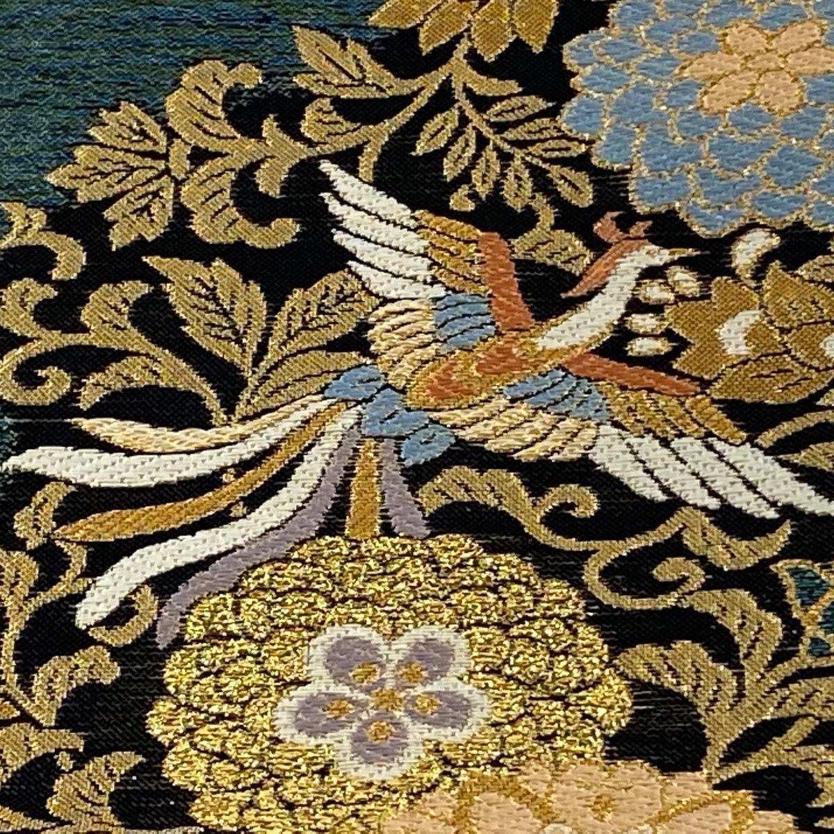 Vintage Silk Fukuro Obi Belt: Japanese Kimono, Phoenix & Karagusa (Rank A)