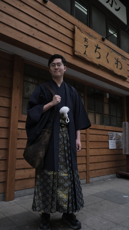 Men's Kimono 3PCS Set: Nagagi, Obi & Haori Jacket - Custom Kamon (Family Crest)