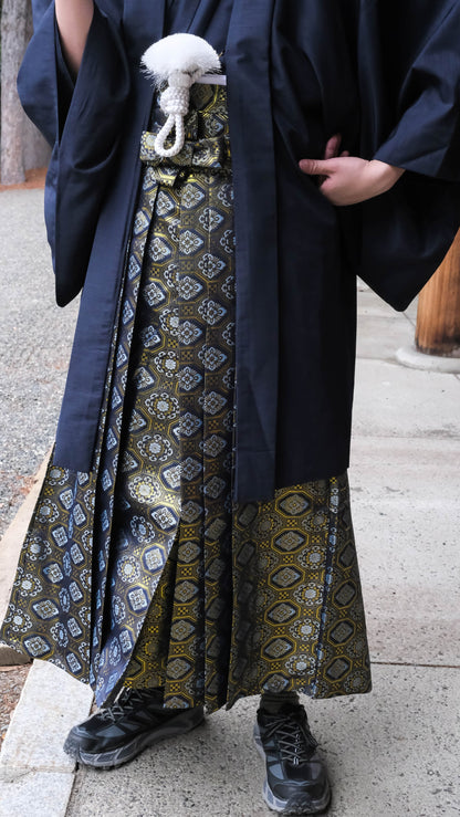 Men's Kimono 3PCS Set: Nagagi, Obi & Haori Jacket - Custom Kamon (Family Crest)