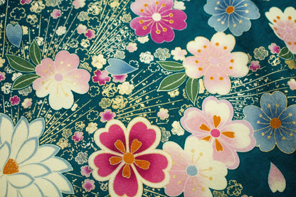 Vintage Silk Furisode Kimono: Floral Pattern, Dark Greenish Blue (Rank A)- A54