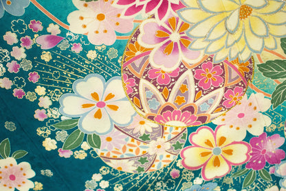 Vintage Silk Furisode Kimono: Floral Pattern, Dark Greenish Blue (Rank A)- A54