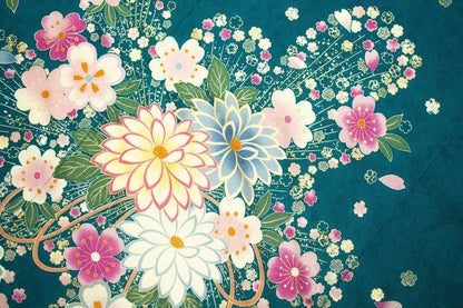 Vintage Silk Furisode Kimono: Floral Pattern, Dark Greenish Blue (Rank A)- A54