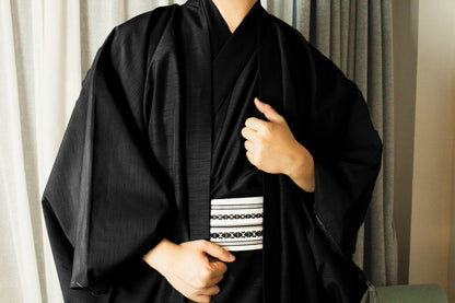 Traditional Men's Black Kimono 4PCS Set: Nagagi, Haori Jacket, Kaku Obi ,& Koshi Himo, Customisable Kamon (Family Crests) Available